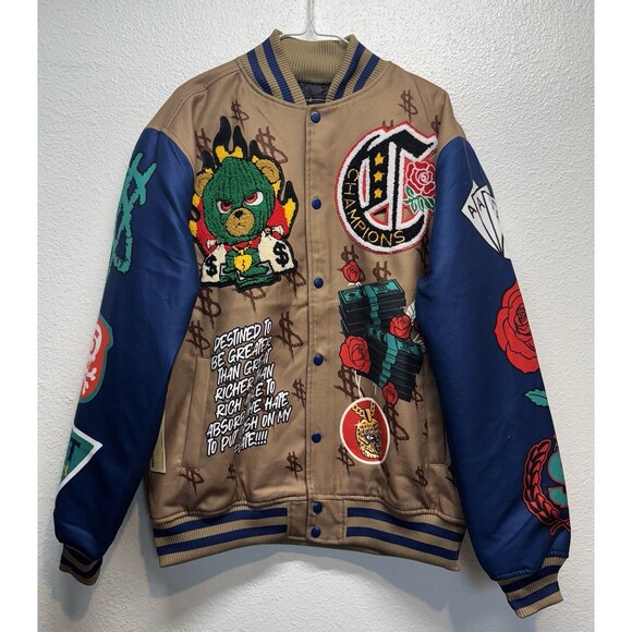 Reason Paper Chaser Chenille Bomber Jacket Mens Large Khaki Patched Varsity - Picture 1 of 16